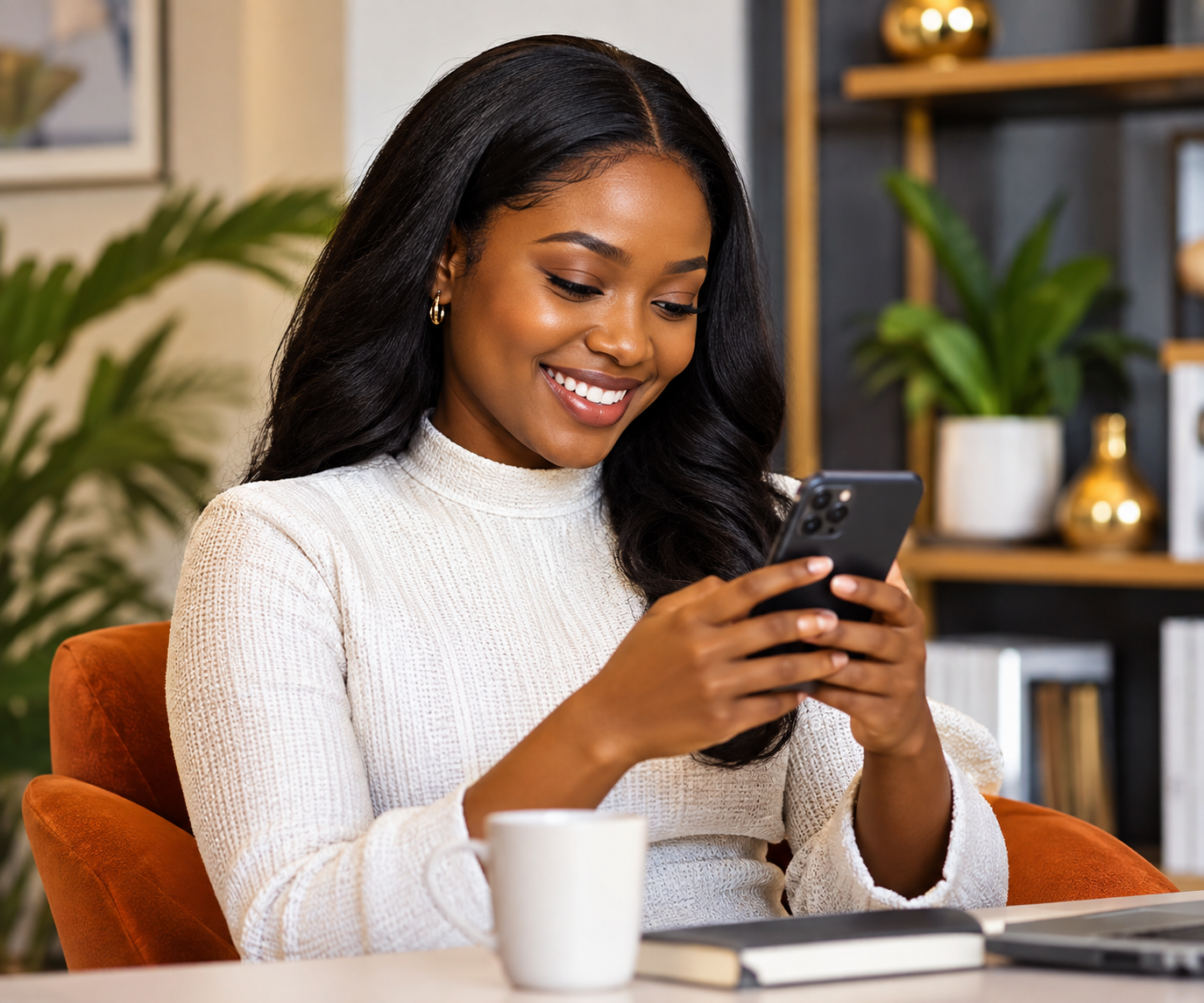 Smiling course creator reading a WhatsApp message on her phone